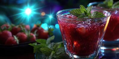 Refreshing summer drinks with strawberries and mint served in elegant glasses at a nighttime gathering photo