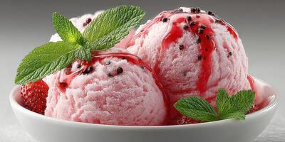 Delicious strawberry ice cream served in a bowl with fresh mint garnish photo