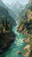 Scenic view of a turquoise river winding through a mountainous landscape with trees under a clear sky in the daytime photo