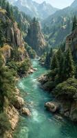 Scenic river winding through rocky terrains with lush trees under a clear blue sky in a mountainous area photo