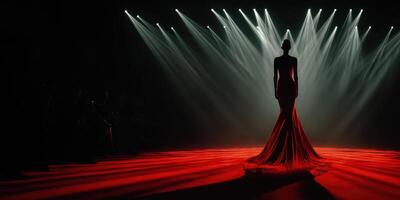 Fashion model showcases elegant red gown on runway during evening show in a spotlight setting with dramatic lighting effects photo
