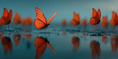 Vibrant orange butterflies reflect on tranquil water at dusk in a serene natural setting photo