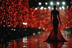 Striking fashion model walks the runway in a shimmering red dress during a vibrant night event photo