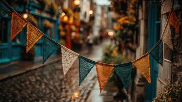 Colorful bunting adorns a narrow street in an inviting neighborhood on a rainy evening photo