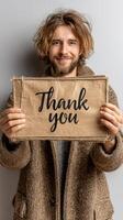 Man holds thank you sign while smiling against gray background during indoor photo session