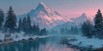 Snow-covered mountains and a tranquil river at twilight in a serene winter landscape photo