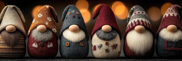 Colorful decorative gnomes arranged in a row with warm lights in the background during the festive season photo