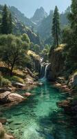 Crystal clear waters cascade down rocky cliffs in a serene mountain landscape with lush greenery under bright sunlight photo