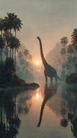 Large dinosaur stands by river at sunrise in a misty prehistoric landscape surrounded by palm trees photo