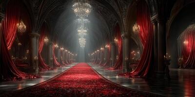Elegant interior of a grand hall featuring lavish red drapes and chandeliers during a dimly lit evening setting photo