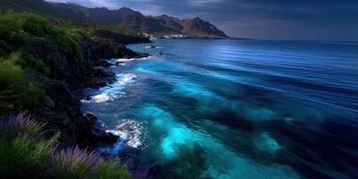 Vibrant coastal landscape at dusk along the rugged shoreline with clear waters and dramatic mountains in the background photo