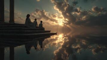 Sunset reflections by the water with figures enjoying a tranquil moment in nature photo