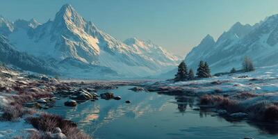 Majestic winter landscape with serene mountains and glistening river under clear blue sky photo