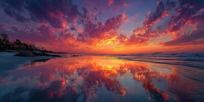 Breathtaking sunset over calm ocean reflecting vibrant colors at a serene beach in the evening photo