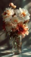 Bright and colorful flower arrangement in a glass vase on a soft background, capturing the beauty of nature photo