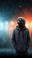 Cool cat stands confidently in urban setting during nighttime with vibrant lighting and snowfall photo