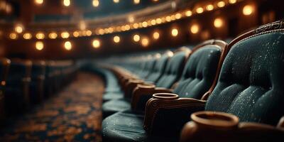 Elegant empty theater seats illuminated by warm lights create a nostalgic atmosphere before the performance starts photo