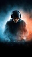 Musician creates an immersive sound experience during a live performance at a nightclub in the evening photo