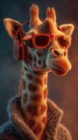 Giraffe in stylish sunglasses and headphones enjoys a vibrant artistic background during a surreal moment of expression photo