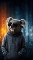 Cool koala wearing sunglasses and a hoodie poses confidently in a colorful urban backdrop photo