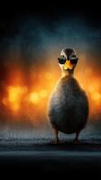 Cool duck wearing sunglasses stands confidently against a blurred fiery background at dusk photo