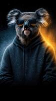 Cool koala wearing sunglasses and a hoodie against a colorful backdrop photo