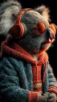 Koala wearing headphones and sunglasses relaxes in a cozy sweater, enjoying music indoors at dusk photo