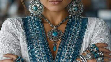 Elegant woman displaying intricate jewelry and traditional attire in a vibrant setting during a cultural event photo