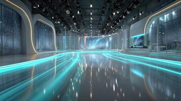 Modern studio with futuristic lighting and sleek design features a vibrant setting for creative productions photo
