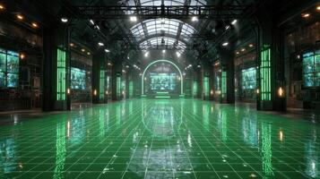 Modern event space featuring green lighting and high-tech design with a reflective floor photo