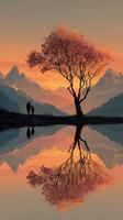 People stroll along a serene lakeside at sunset, framed by a vibrant tree and distant mountains photo