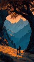 Father and child exploring a scenic mountain valley at sunset in a tranquil setting surrounded by nature photo