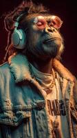 Majestic gorilla wearing sunglasses and headphones enjoys music in a stylish denim jacket with a confident pose photo