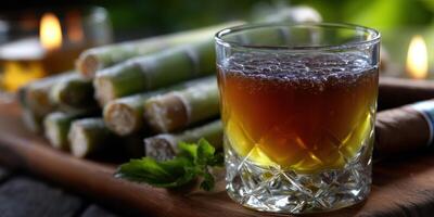 Rich rum cocktail served with fresh sugarcane sticks and mint at a tropical outdoor setting during sunset photo