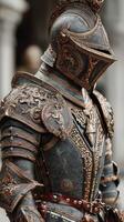 Intricate armored knight stands guard with ornate details in historic European setting during daylight photo