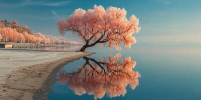 Lone tree with pink foliage reflected in calm waters under clear blue sky during serene morning light photo