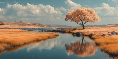 Picturesque autumn landscape with solitary tree and calm river reflecting dramatic sky photo