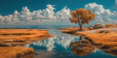 Serene landscape with golden grass, tranquil water, and dramatic clouds in a picturesque natural setting photo
