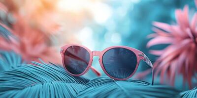 Stylish pink sunglasses resting on vibrant green leaves in a tropical setting during daylight hours photo