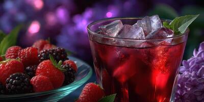 Refreshing berry drink served with fresh raspberries and blackberries on a vibrant table photo
