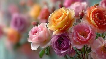 Colorful roses in full bloom create a stunning floral display in a garden during springtime photo