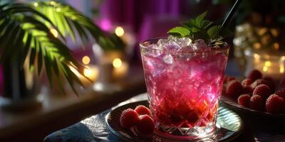 Refreshing raspberry drink with ice and mint in a cozy setting during evening hours photo