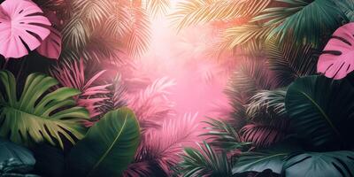 Lush tropical foliage with vibrant colors and soft light in a dense jungle setting during twilight photo