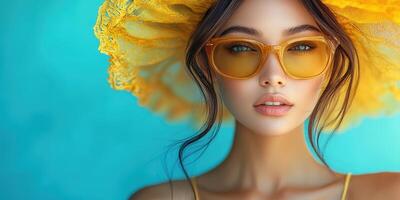 Young woman in yellow sunhat and sunglasses poses against turquoise background during bright summer day photo