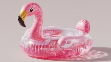 Bright pink inflatable flamingo pool float for summer fun in warm weather, perfect for relaxation or games by the water photo