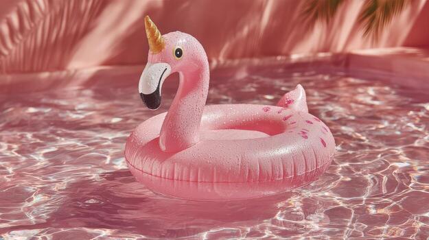 Floating pink flamingo pool toy in a sunny backyard with shimmering water on a warm summer day photo