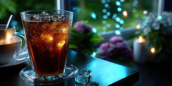 Refreshing beverage with ice served by a window during a cozy evening photo