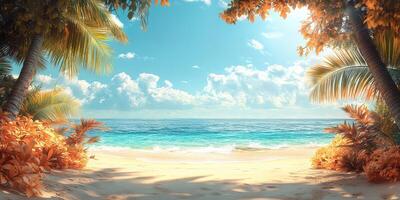 Serene beach view with palm trees and turquoise water under a blue sky in a tropical paradise photo