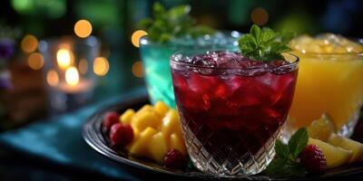 Colorful cocktails served on a silver tray with fresh fruit and candles creating a warm atmosphere photo