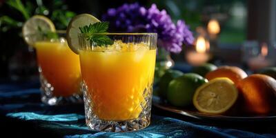 Refreshing citrus cocktail served in crystal glass with fresh garnishes and vibrant background in a cozy setting photo